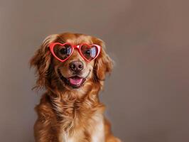 Happy dog in sunglasses heart-shaped. Funny, close-up studio photo portrait