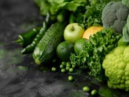 Fresh green organic fruits and vegetables. Aesthetic macro photo, texture background photo