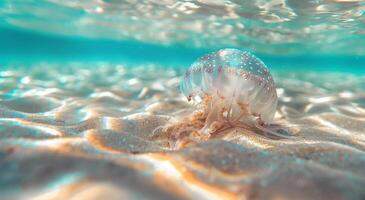 A beautiful, spotted jellyfish lies on the sand of the seabed. Blue transparent sea water. Close-up, macro photo