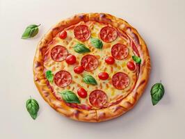 3D rendering of Pepperoni pizza, with cherry tomatoes and spinach isolated on a neutral background photo