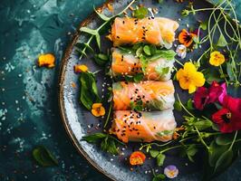 Appetizing spring rolls made of rice paper, decorated with greens and flowers, on a ceramic plate. Asian cuisine. Bright aesthetic photo, texture background photo