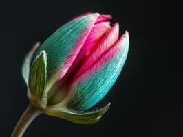 Bud of a pink flower with emerald leaves. Aesthetic macro photography, close-up with high sharpness and contrast photo