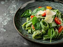 Parpadelle pasta with spinach sauce, Parmesan cheese and cherry tomatoes, in a ceramic plate on a textured background. Aesthetic macro photo