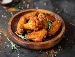 Golden crispy fried chicken wings and thighs with rosemary and black and red pepper. Aesthetic photo, close-up photo