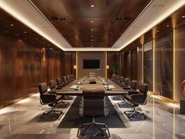 Design of a modern conference room in dark colors. Large table, warm lighting. Aesthetic photo