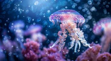 Beautiful, graceful jellyfish on the ocean floor. Close-up photo. Aesthetic macro photo, blurred background photo
