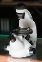 Classic scientist microscope. Laboratory equipment concept. photo