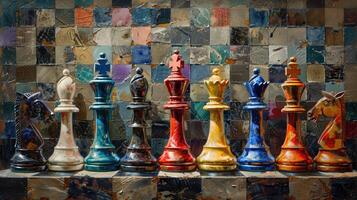 Chess pieces arranged strategically on a board photo