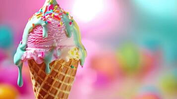 Ice cream cone dripping with refreshing flavors photo