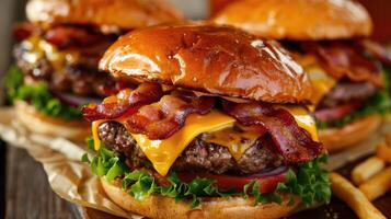 Juicy burgers topped with melted cheese and crispy bacon photo