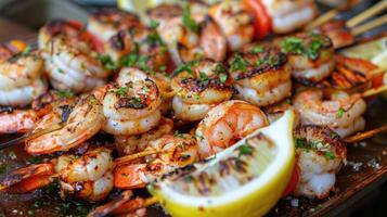 Grilled seafood skewers served with lemon wedges photo