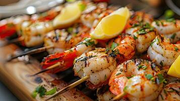 Grilled seafood skewers served with lemon wedges photo