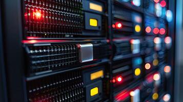 Row of network servers with glowing LED lights photo