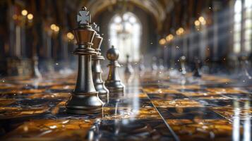 Chess pieces arranged strategically on a board photo