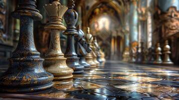 Chess pieces arranged strategically on a board photo