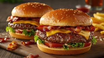 Juicy burgers topped with melted cheese and crispy bacon photo