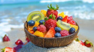 vistoso Fruta ensalada en un Coco cuenco en el playa foto