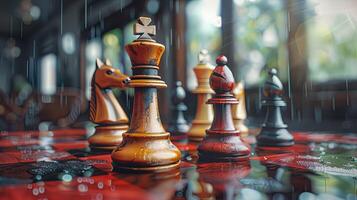 Chess pieces arranged strategically on a board photo