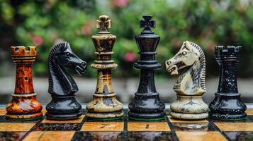 ajedrez piezas arreglado estratégicamente en un tablero foto
