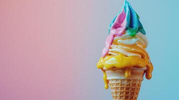 Ice cream cone dripping with refreshing flavors photo