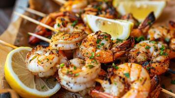 Grilled seafood skewers served with lemon wedges photo