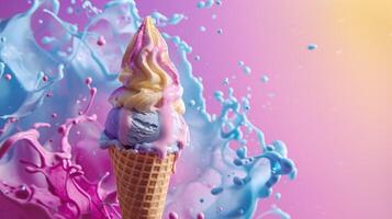 Ice cream cone dripping with refreshing flavors photo