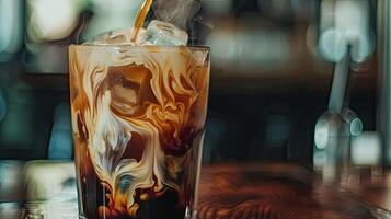 Iced cold brew coffee with cream swirling photo