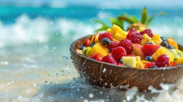 vistoso Fruta ensalada en un Coco cuenco en el playa foto