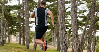 Determined Man Conquering Forest Obstacles with Grit and Speed photo