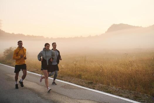 A group of friends, athletes, and joggers embrace the early morning hours as they run through the misty dawn, energized by the rising sun and surrounded by the tranquil beauty of nature photo