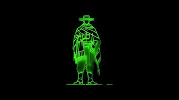 Glowing looping icon Argentine cowboy gaucho neon effect, black background. video