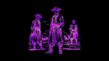 Glowing looping icon Argentine cowboy gaucho neon effect, black background. video
