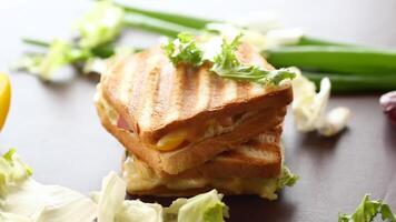 gebraten Toast mit Füllung, Salat Blätter, Tomaten video