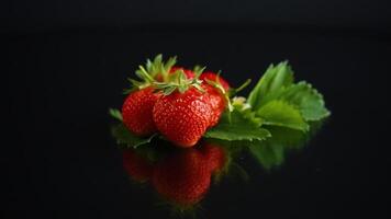 red ripe strawberry spring on a black background video