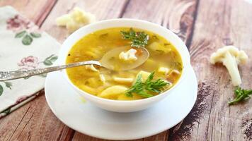 fait maison poulet légume soupe sur rustique en bois Contexte video