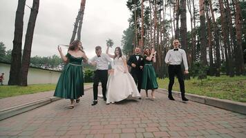 The newlyweds walk in the park together with their bridesmaids and friends of the groom. The newlyweds are walking in the park in a cheerful company of friends video