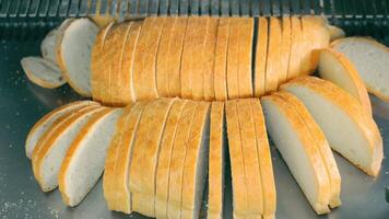 Slicing bread in the bakery. Automatic line for cutting pieces of bread. Sliced bread video