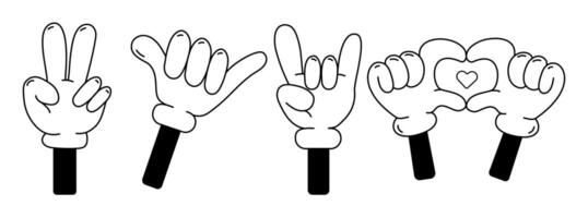 Cartoon hands in gloves show different gestures set.Retro character hands gesturing peace signs, shaka sign, heart, rock n roll.Cheerful character palms of different shapes,icons,sticker,print vector