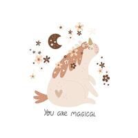 You are magical. Cartoon unicorn, hand drawing lettering, decor elements. vector