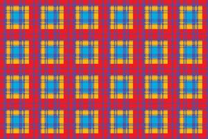 Illustration, Abstract pattern of sweater weaving style with square yellow and blue on red color background. vector