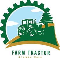 granja logo diseño con tractor en engranaje icono vector