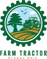 granja logo diseño con tractor en engranaje icono vector