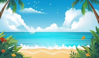 a cartoon illustration of a beach scene with palm trees and a boat in the water. vector