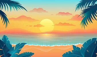 sunset with palm trees and the ocean with sunset and palm trees. vector