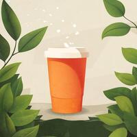 Green plants surround a glass of orange juice vector