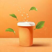 an orange paper cup with a white lid and leaves on it vector