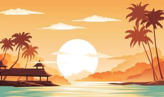 a sunset with a house on the water and a beach scene. vector