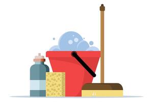 Cleaning equipment concept, water bucket icon, flat cartoon pail or pail with foam and bubbles, brush, foam sponge and soap, flat illustration isolated on background. vector