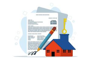 Concept of buying a house or property, beautiful house with mortgage application form, loan form. house agreement in real estate agent concept. flat illustration on background. vector