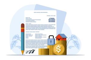 Concept of buying a house or property, beautiful house with mortgage application form, loan form. house agreement in real estate agent concept. flat illustration on background. vector